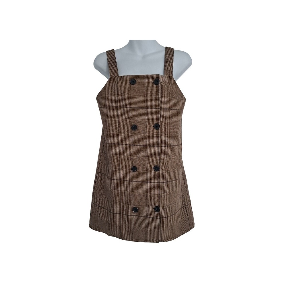 Chili-k-k Pinafore Dress Women S Brown Plaid Double Breasted Y2K Mini